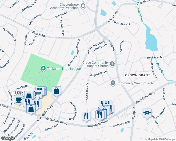 map of restaurants, bars, coffee shops, grocery stores, and more near 12504 Doverton Road in Richmond