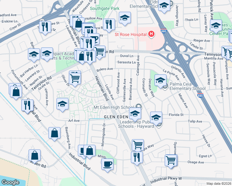 map of restaurants, bars, coffee shops, grocery stores, and more near 27679 Cliffwood Avenue in Hayward