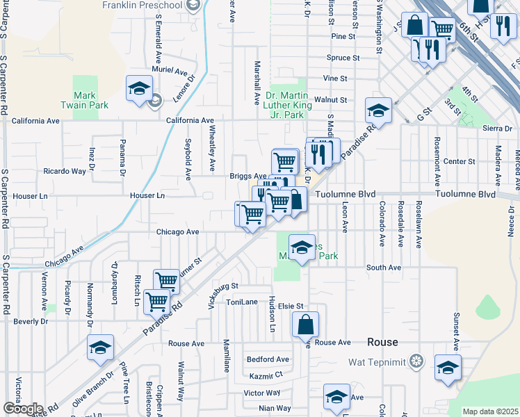 map of restaurants, bars, coffee shops, grocery stores, and more near 609 Jeelu Way in Modesto