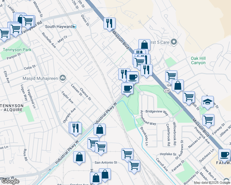 map of restaurants, bars, coffee shops, grocery stores, and more near 136 Vivid Lane in Hayward