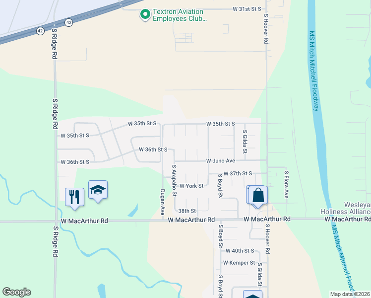 map of restaurants, bars, coffee shops, grocery stores, and more near 6299 Juno Court in Wichita