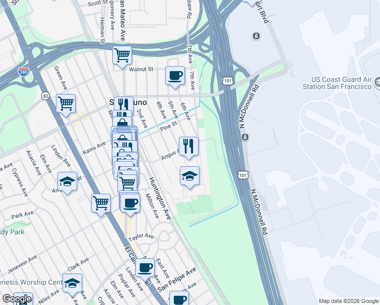 map of restaurants, bars, coffee shops, grocery stores, and more near 577 5th Avenue in San Bruno