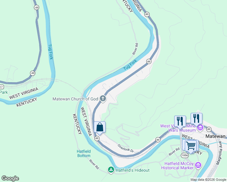 map of restaurants, bars, coffee shops, grocery stores, and more near 1347-1349 West Virginia 49 in Williamson