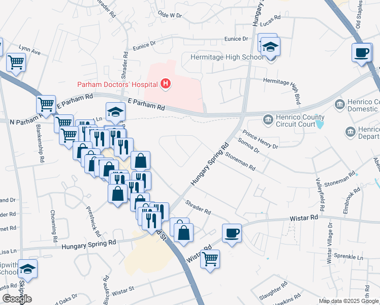 map of restaurants, bars, coffee shops, grocery stores, and more near 3100 Trail Drive in Richmond