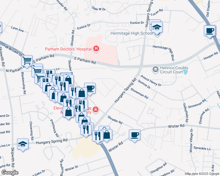 map of restaurants, bars, coffee shops, grocery stores, and more near 3100 Trail Drive in Richmond