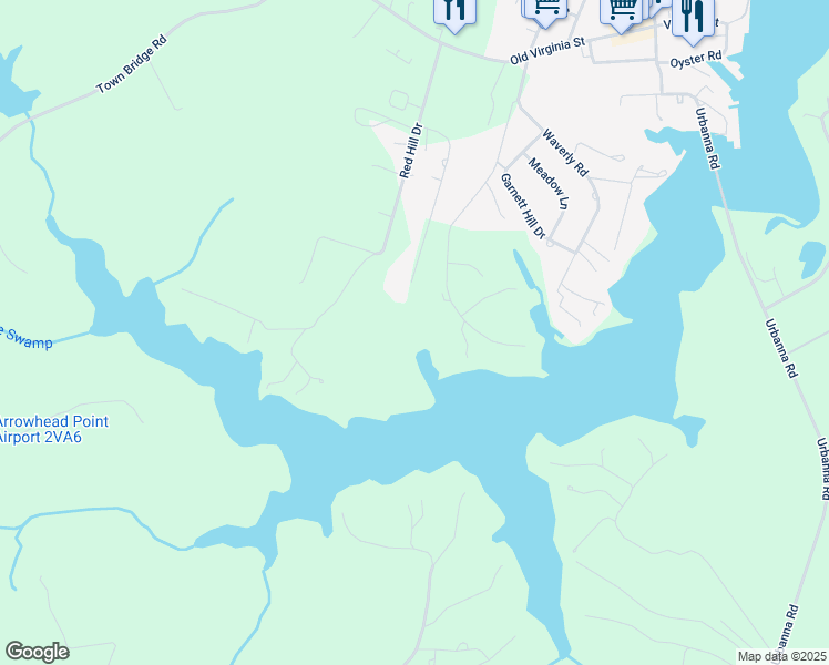map of restaurants, bars, coffee shops, grocery stores, and more near 413 Laurel Farms Lane in Urbanna