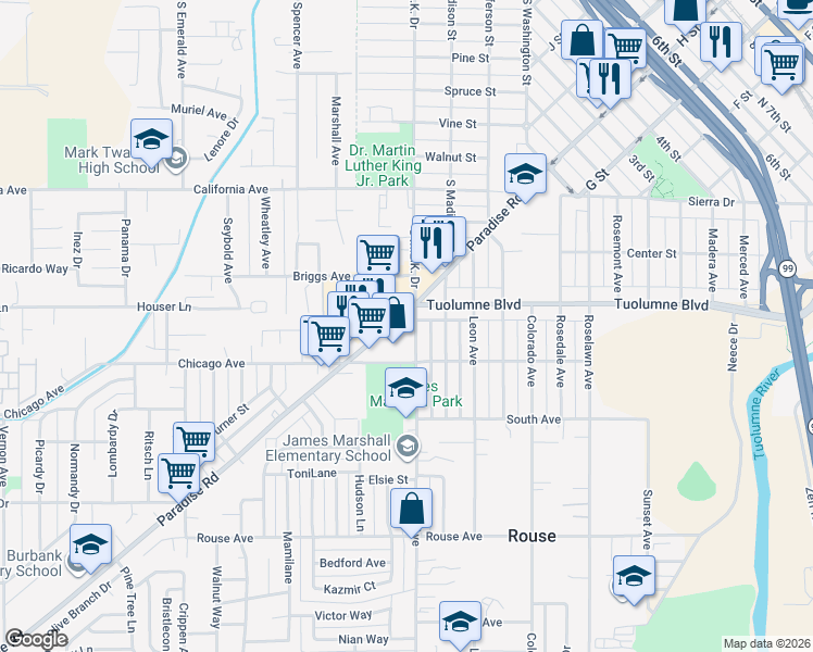 map of restaurants, bars, coffee shops, grocery stores, and more near in Modesto