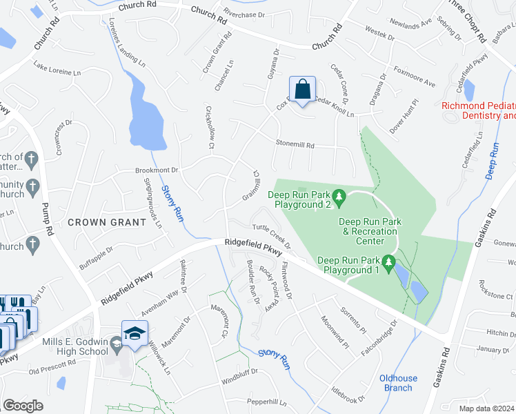 map of restaurants, bars, coffee shops, grocery stores, and more near 2108 Turtle Run Drive in Henrico