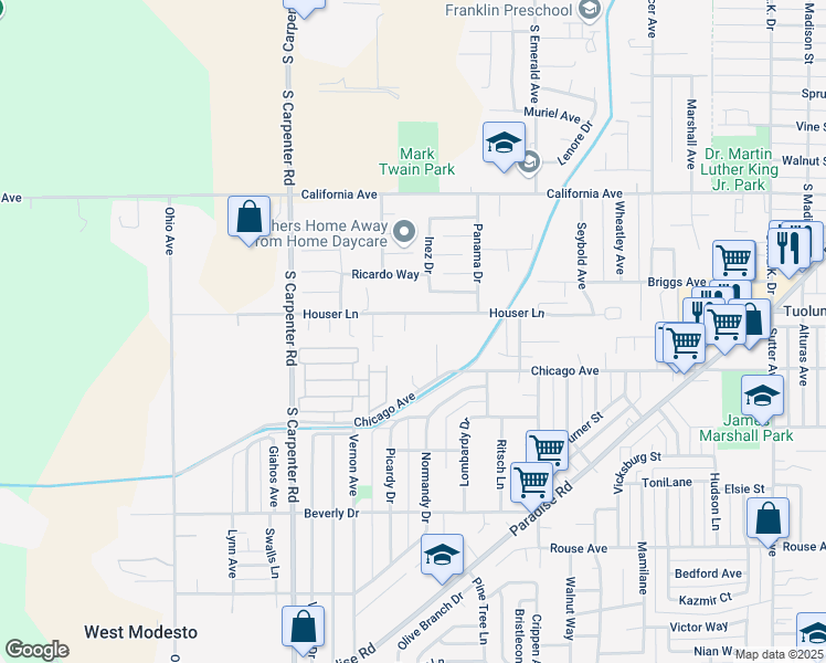 map of restaurants, bars, coffee shops, grocery stores, and more near 1208 Houser Lane in Modesto