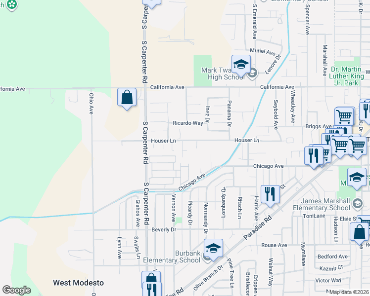 map of restaurants, bars, coffee shops, grocery stores, and more near 1312 Houser Lane in Modesto