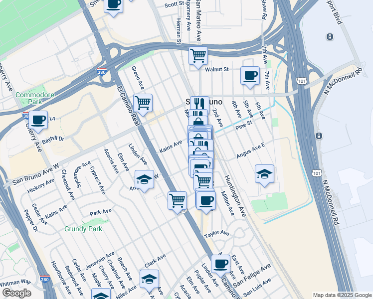 map of restaurants, bars, coffee shops, grocery stores, and more near 668 Masson Avenue in San Bruno