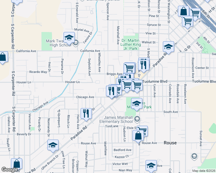 map of restaurants, bars, coffee shops, grocery stores, and more near 1030 Carlos Court in Modesto