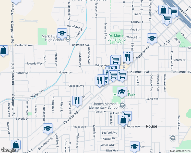map of restaurants, bars, coffee shops, grocery stores, and more near 1030 Carlos Court in Modesto