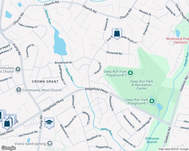 map of restaurants, bars, coffee shops, grocery stores, and more near 2207 Grainmill Court in Richmond