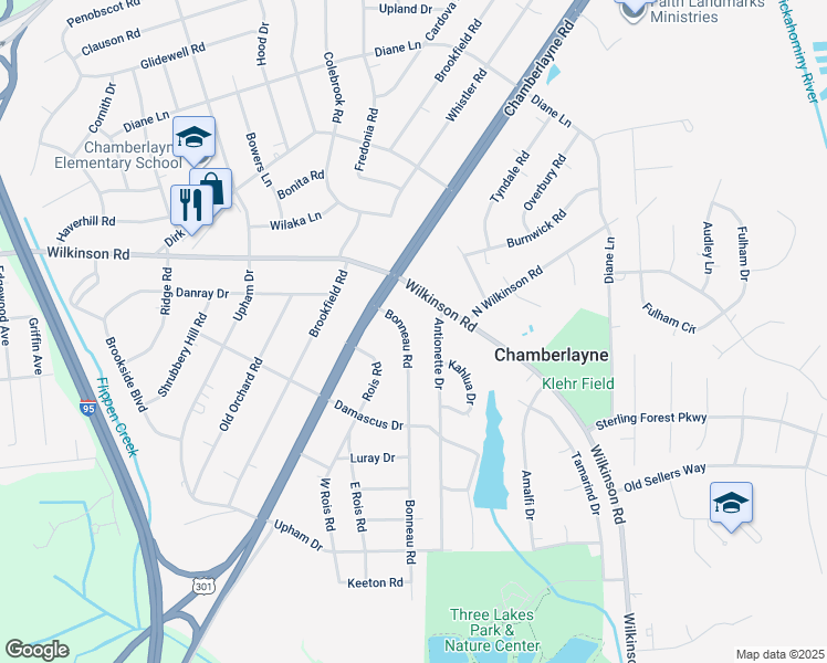 map of restaurants, bars, coffee shops, grocery stores, and more near 6027 Bonneau Road in Richmond