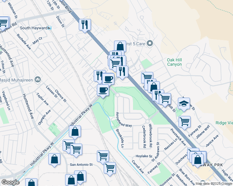 map of restaurants, bars, coffee shops, grocery stores, and more near 8413 Arrowhead Way in Hayward