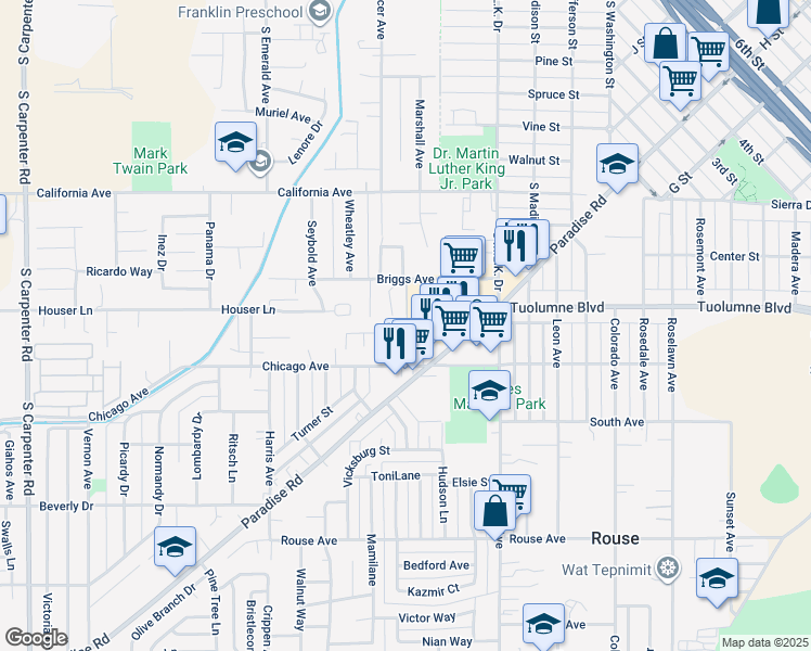 map of restaurants, bars, coffee shops, grocery stores, and more near 609 Jeelu Way in Modesto