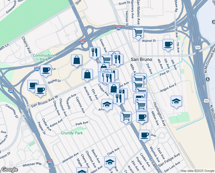map of restaurants, bars, coffee shops, grocery stores, and more near 717 Camino Plaza in San Bruno