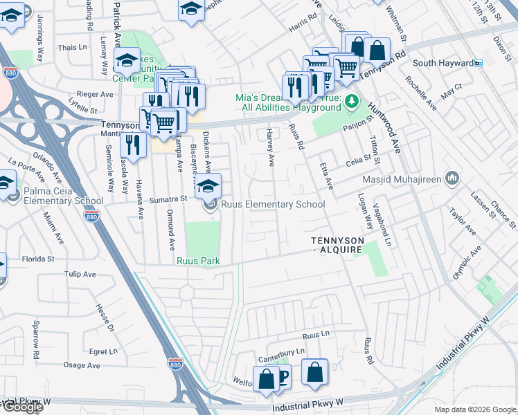 map of restaurants, bars, coffee shops, grocery stores, and more near 28357 Karn Drive in Hayward