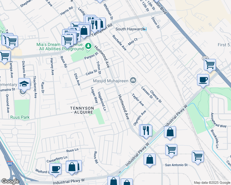 map of restaurants, bars, coffee shops, grocery stores, and more near 29079 Huntwood Avenue in Hayward