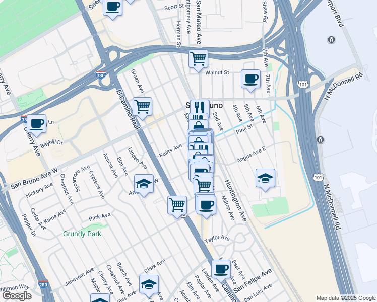 map of restaurants, bars, coffee shops, grocery stores, and more near 668 Masson Avenue in San Bruno