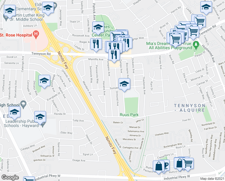 map of restaurants, bars, coffee shops, grocery stores, and more near 27826 Pompano Avenue in Hayward