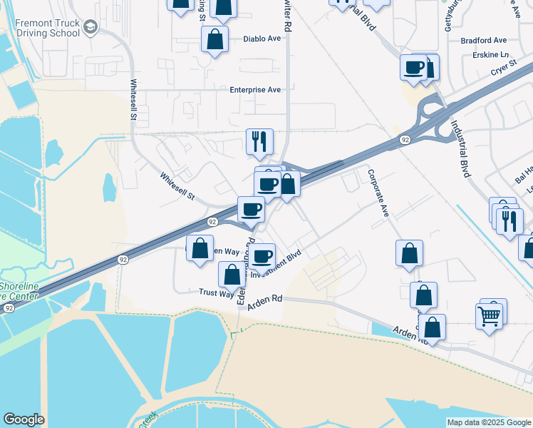 map of restaurants, bars, coffee shops, grocery stores, and more near 26033 Eden Landing Road in Hayward