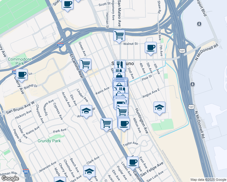 map of restaurants, bars, coffee shops, grocery stores, and more near 669 Masson Avenue in San Bruno