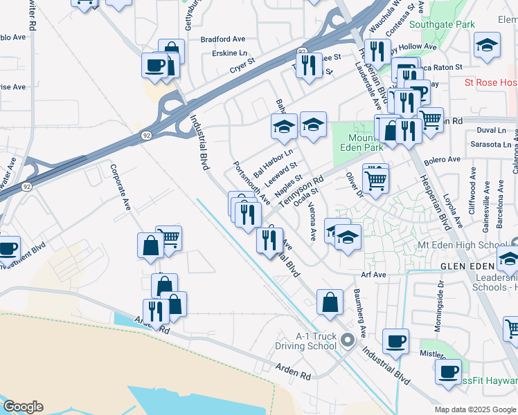map of restaurants, bars, coffee shops, grocery stores, and more near 27342 Capri Avenue in Hayward