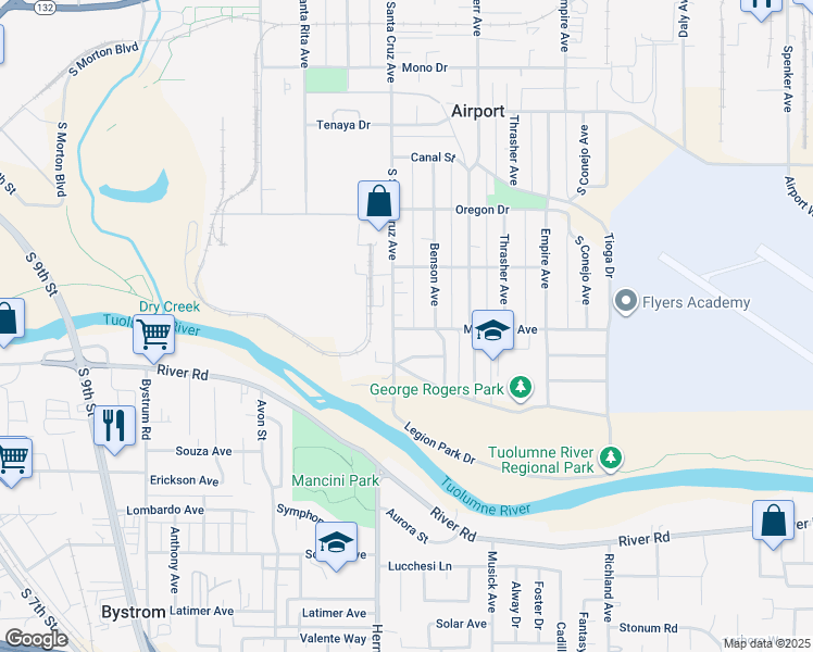 map of restaurants, bars, coffee shops, grocery stores, and more near 1323 Monterey Avenue in Modesto