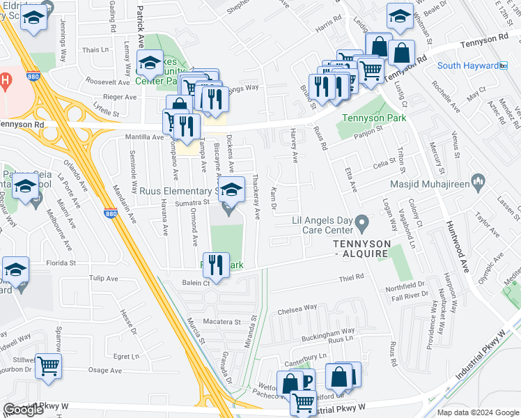 map of restaurants, bars, coffee shops, grocery stores, and more near 28164 Thackeray Avenue in Hayward