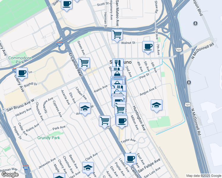 map of restaurants, bars, coffee shops, grocery stores, and more near 669 Masson Avenue in San Bruno