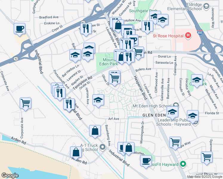 map of restaurants, bars, coffee shops, grocery stores, and more near 2630 Oliver Drive in Hayward