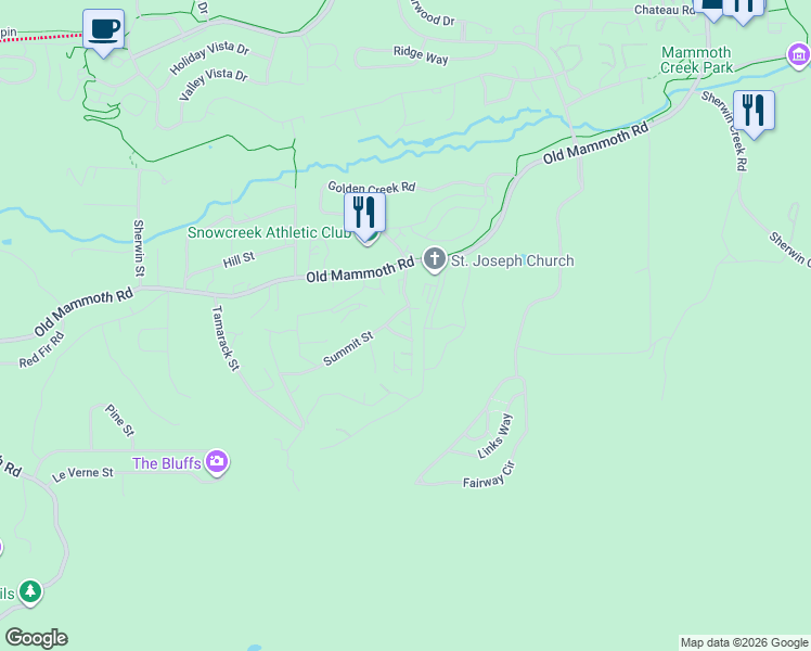map of restaurants, bars, coffee shops, grocery stores, and more near 32 Rainbow Avenue in Mammoth Lakes