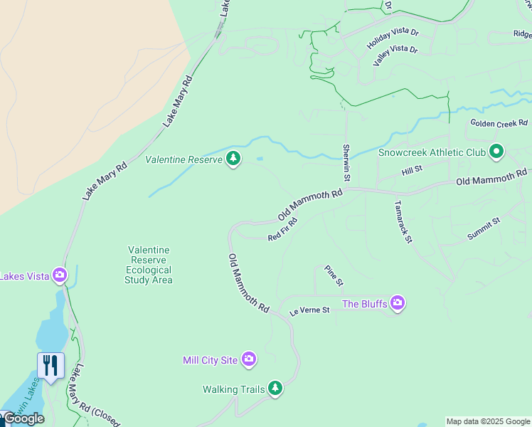 map of restaurants, bars, coffee shops, grocery stores, and more near 2500 Old Mammoth Road in Mammoth Lakes