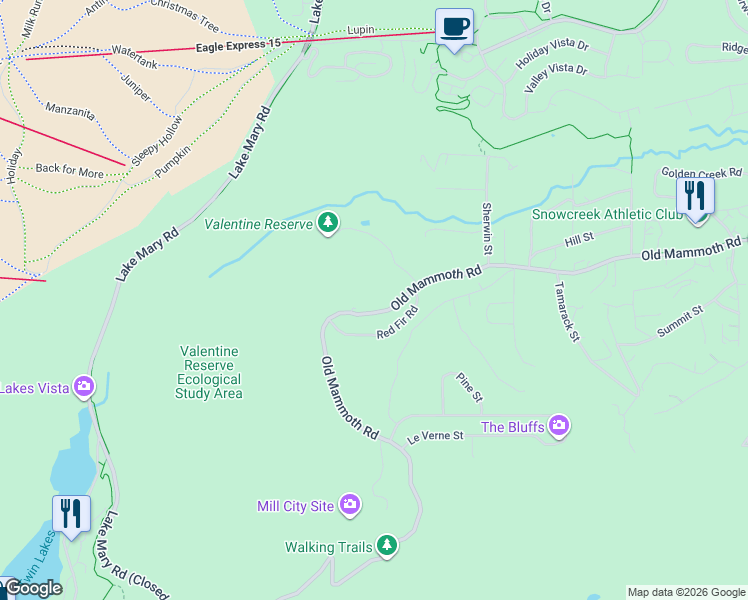 map of restaurants, bars, coffee shops, grocery stores, and more near 2500 Old Mammoth Road in Mammoth Lakes