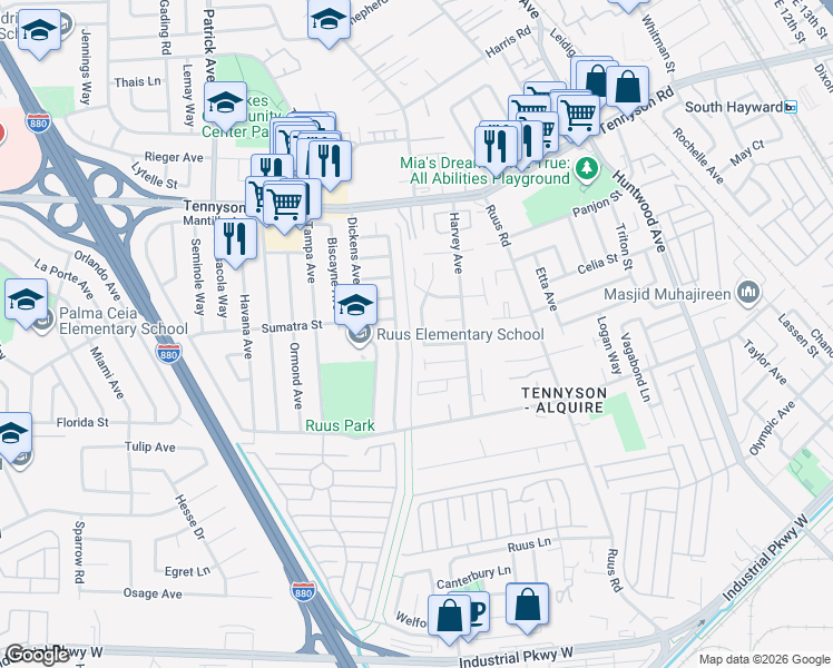 map of restaurants, bars, coffee shops, grocery stores, and more near 28357 Karn Drive in Hayward