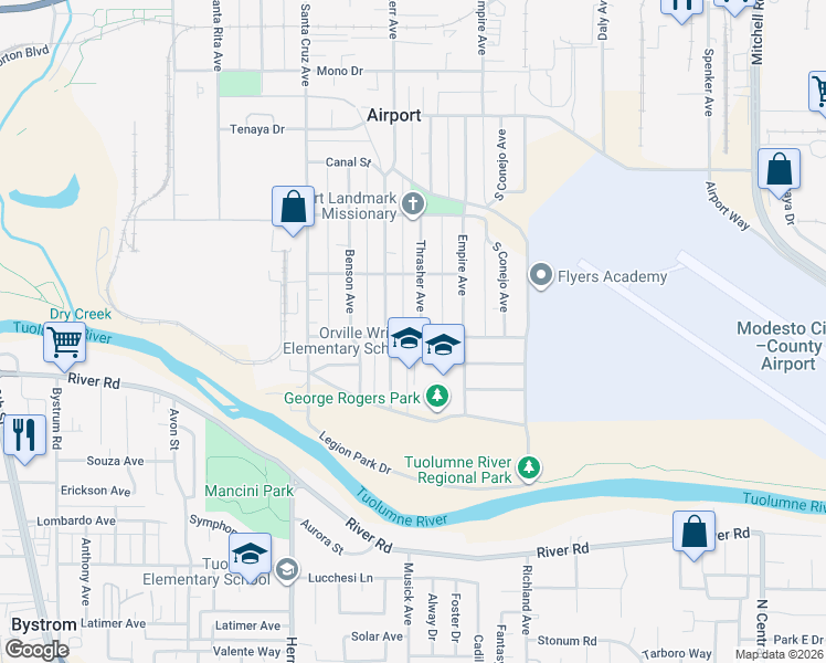 map of restaurants, bars, coffee shops, grocery stores, and more near 747 Thrasher Avenue in Modesto