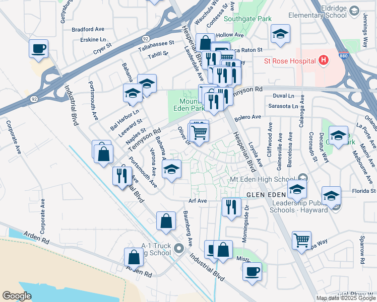 map of restaurants, bars, coffee shops, grocery stores, and more near 27327 Marigold Court in Hayward