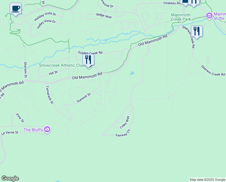 map of restaurants, bars, coffee shops, grocery stores, and more near Pyramid Peak Drive in Mammoth Lakes