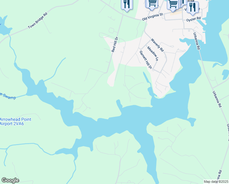 map of restaurants, bars, coffee shops, grocery stores, and more near 413 Laurel Farms Lane in Urbanna