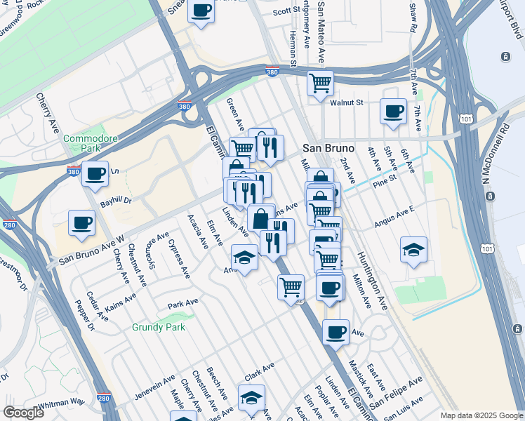 map of restaurants, bars, coffee shops, grocery stores, and more near 675 Hensley Avenue in San Bruno