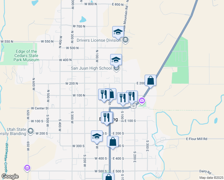 map of restaurants, bars, coffee shops, grocery stores, and more near 146 North Main Street in Blanding