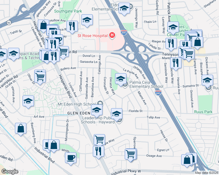 map of restaurants, bars, coffee shops, grocery stores, and more near 27685 Decatur Way in Hayward