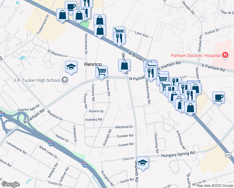 map of restaurants, bars, coffee shops, grocery stores, and more near 3109 North Parham Road in Richmond