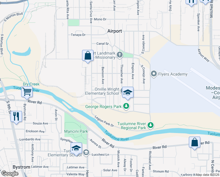 map of restaurants, bars, coffee shops, grocery stores, and more near 747 Kerr Avenue in Modesto