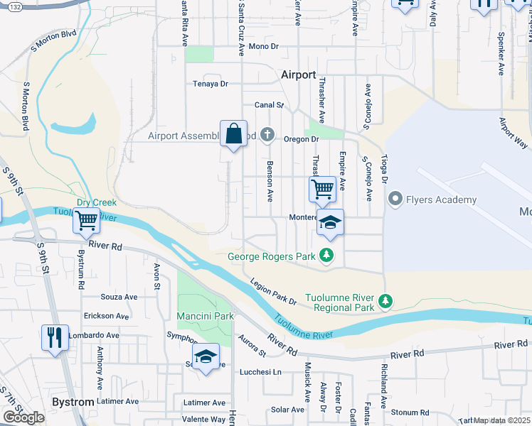 map of restaurants, bars, coffee shops, grocery stores, and more near 1327 Monterey Avenue in Modesto