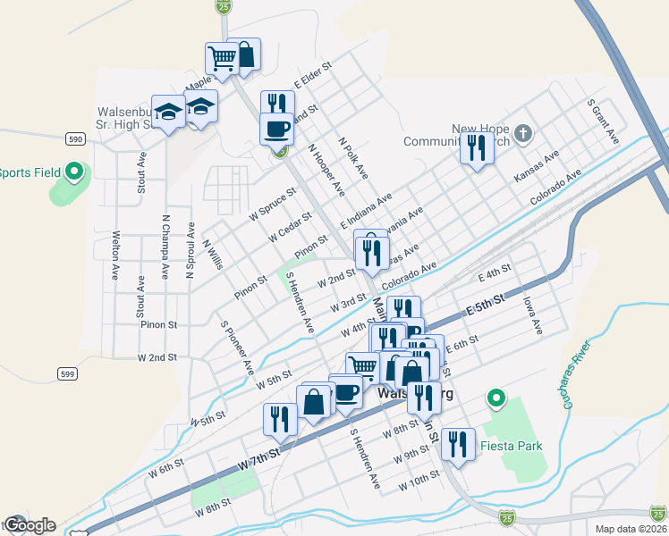 map of restaurants, bars, coffee shops, grocery stores, and more near 112-116 West 2nd Street in Walsenburg