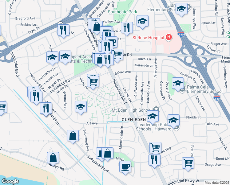 map of restaurants, bars, coffee shops, grocery stores, and more near 27492 Ponderosa Court in Hayward