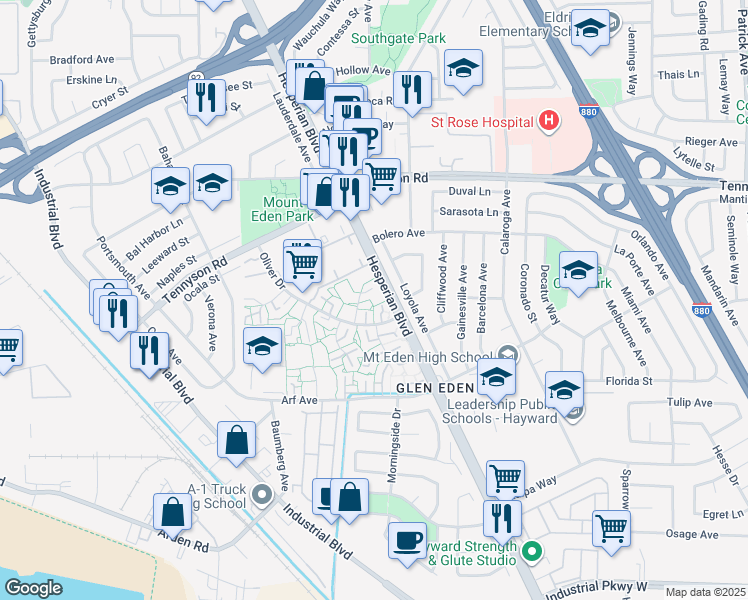 map of restaurants, bars, coffee shops, grocery stores, and more near 27492 Ponderosa Court in Hayward